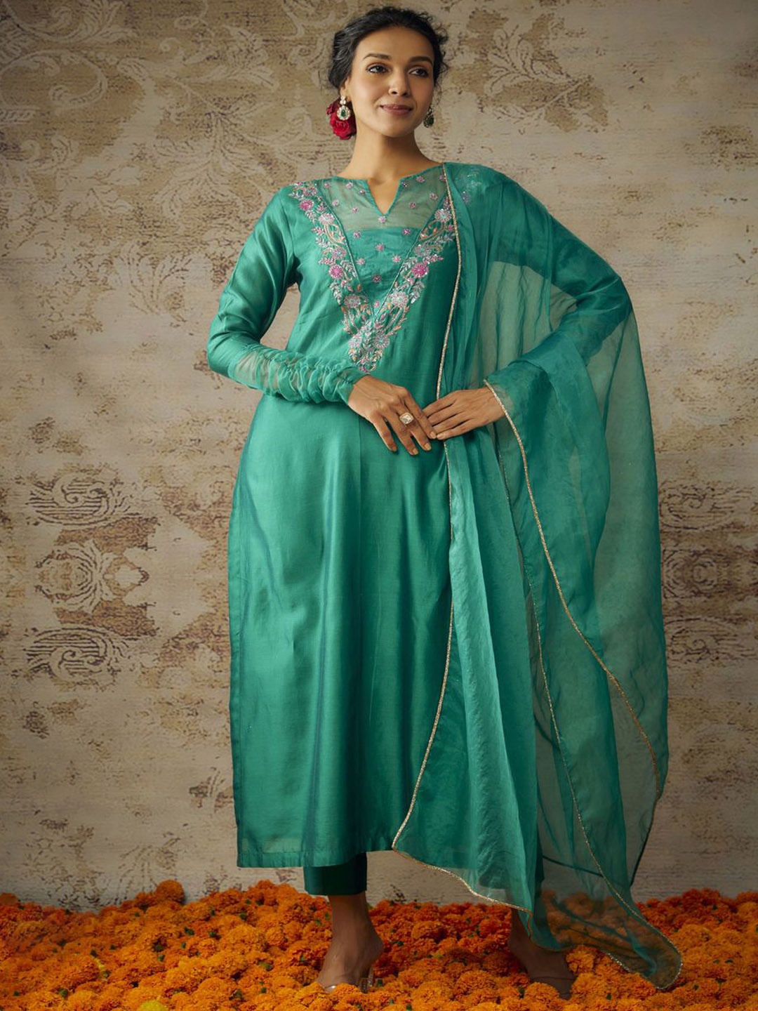 

The Aarya Floral Embroidered Zardozi Straight Kurta With Sharara & Dupatta, Green