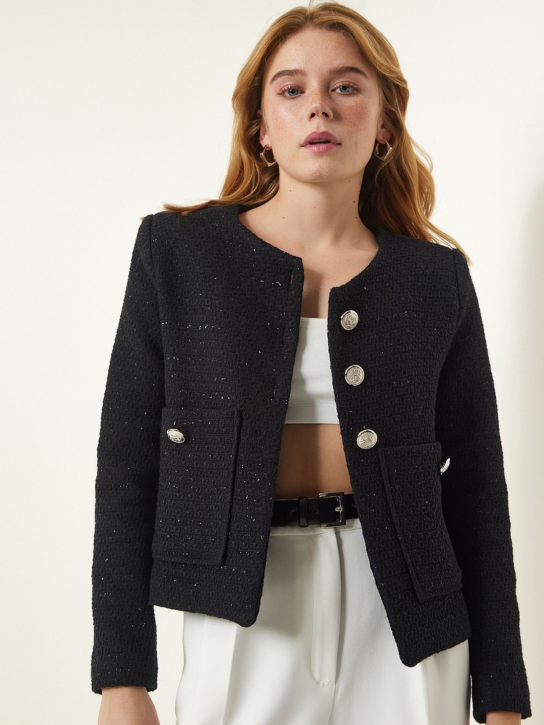 

Happiness istanbul Women Self Design Open Front Jacket, Black