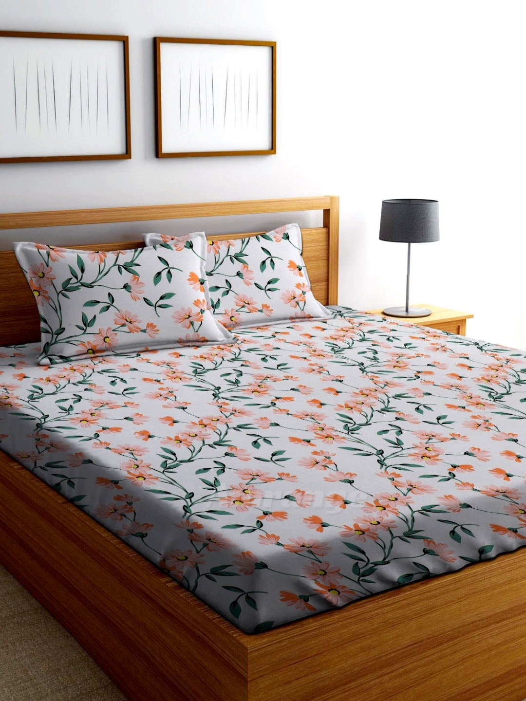 

AMRANGE Grey & Pink Floral 250 TC King Bedsheet with 2 Pillow Covers