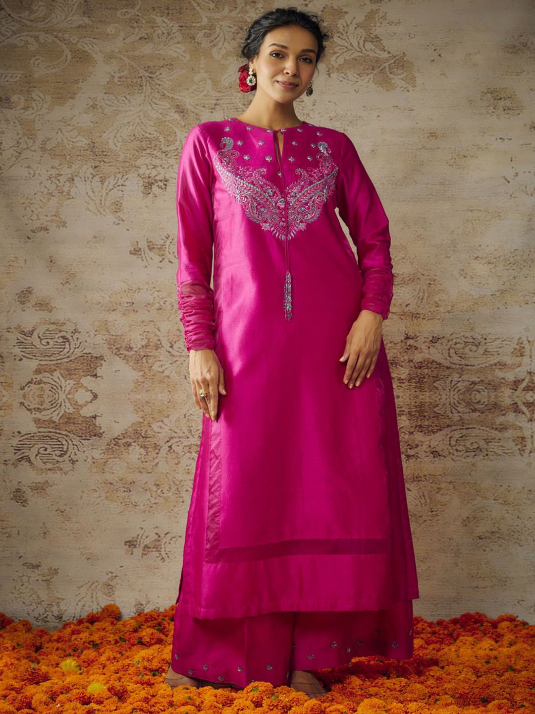 

The Aarya Ethnic Motifs Yoke Design Zardozi Chanderi Cotton Kurta With Palazzos & Dupatta, Pink