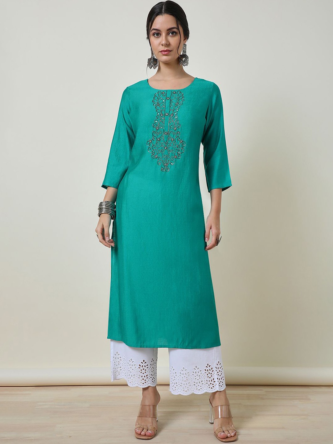 

Soch Geometric Embroidered Straight Kurta, Teal