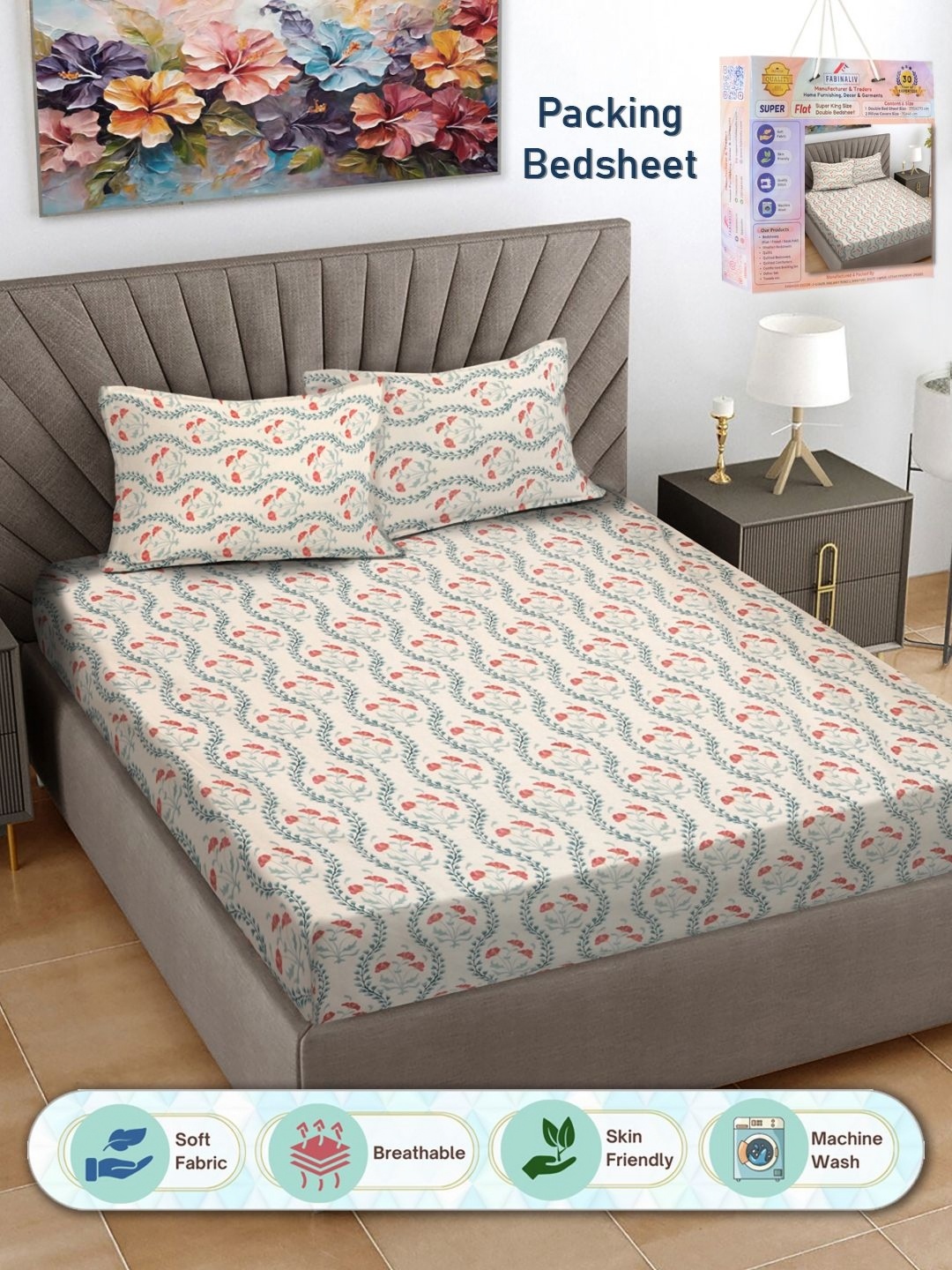 

FABINALIV Red & Green Floral 300 TC King Bedsheet With 2 Pillow Covers