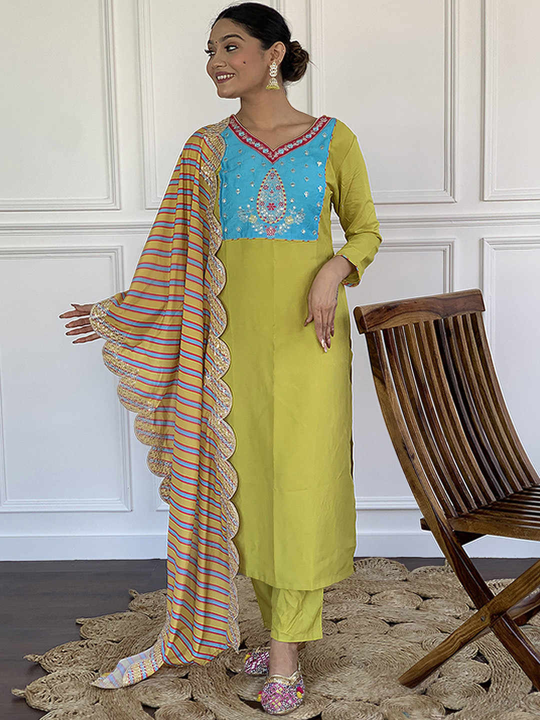 

KALINI Floral Embroidered Sequinned Kurta with Trousers & Dupatta, Yellow