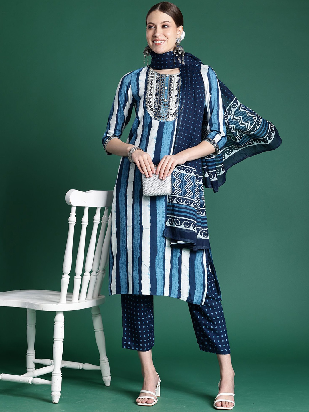 

Anouk Women Printed Regular Kurta with Trousers & With Dupatta, Navy blue