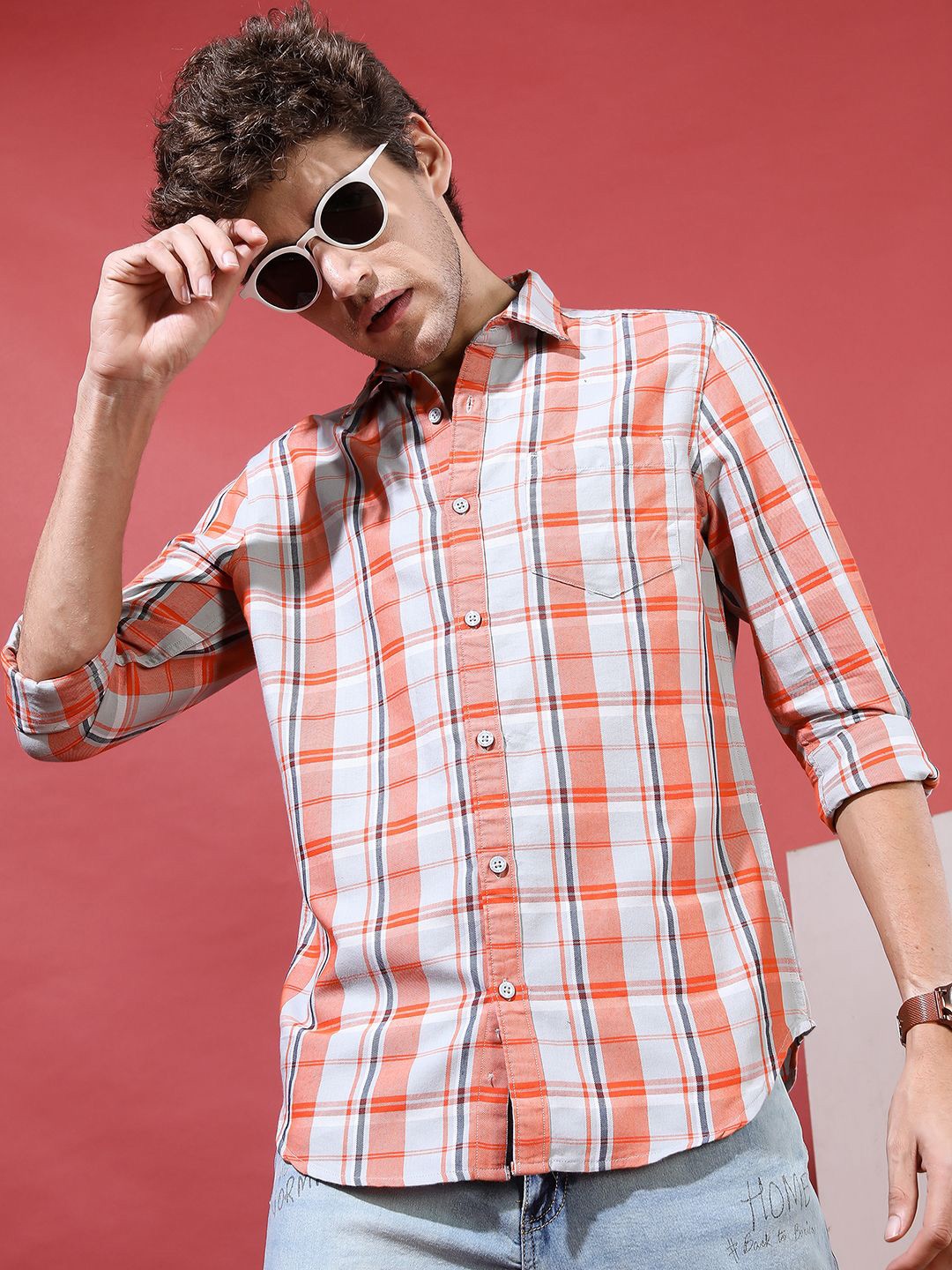 

HIGHLANDER Men Slim Fit Tartan Checks Opaque Checked Casual Shirt, Orange