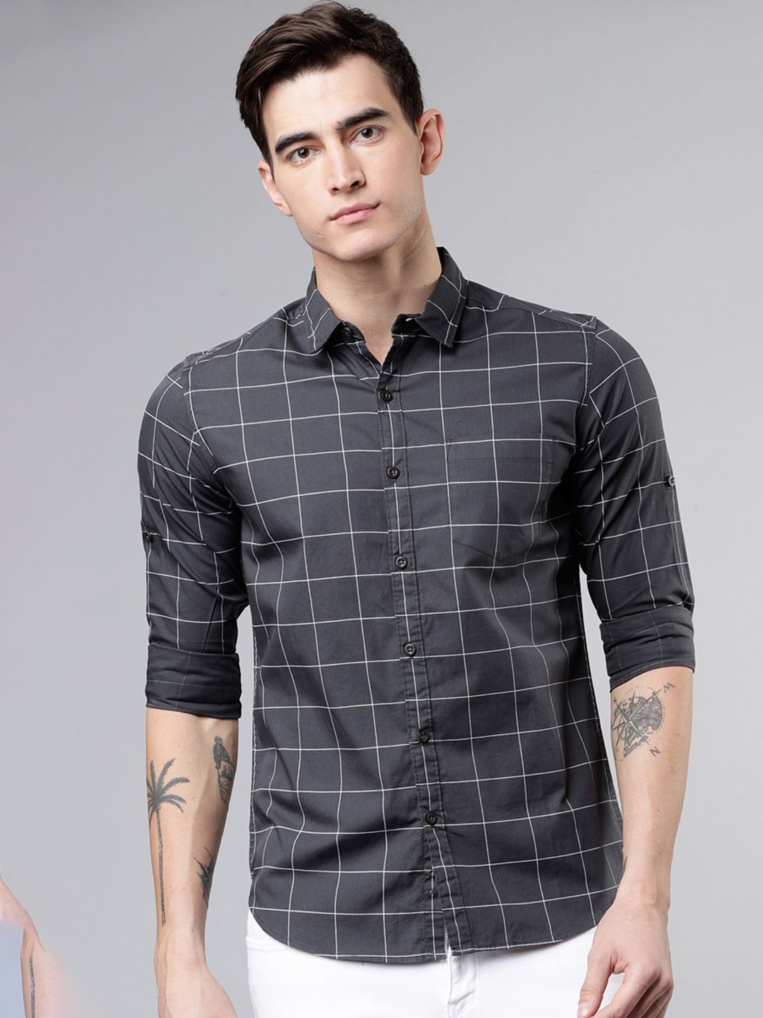 

HIGHLANDER Men Slim Fit Windowpane Checks Opaque Checked Casual Shirt, Grey