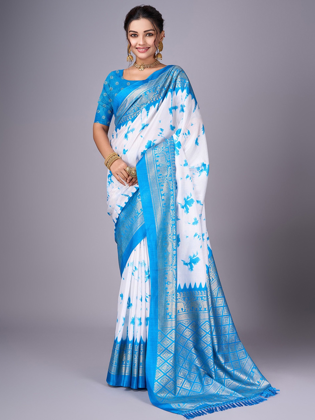 

SANJANA SILK Floral Zari Art Silk Chanderi Saree, White