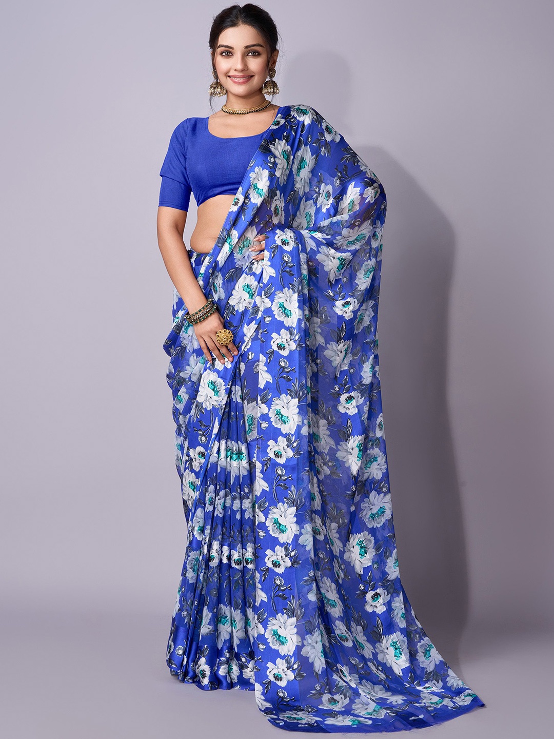 

SANJANA SILK Floral Satin Bagh Saree, Blue