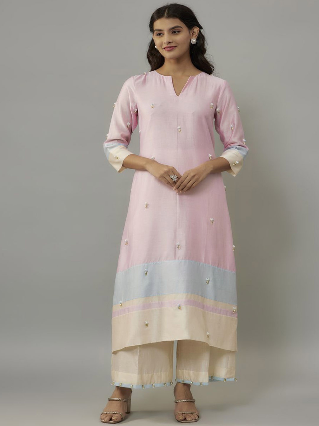 

The Aarya Ethnic Motifs Embroidered Chanderi Straight Cotton Kurta with Palazzos, Pink