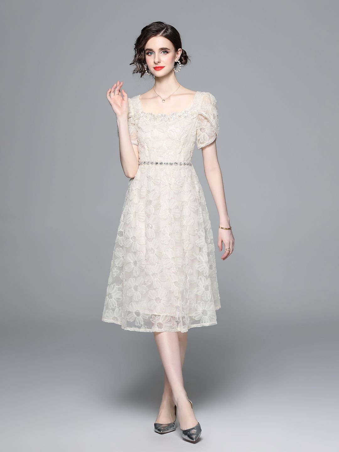

JC Collection A-Line Midi Dress, Beige