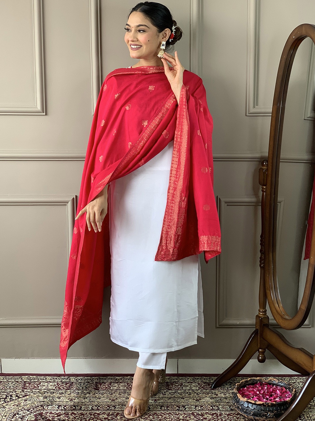 

KALINI Floral Embroidered Chanderi Silk Kurta with Trousers & Dupatta, Off white