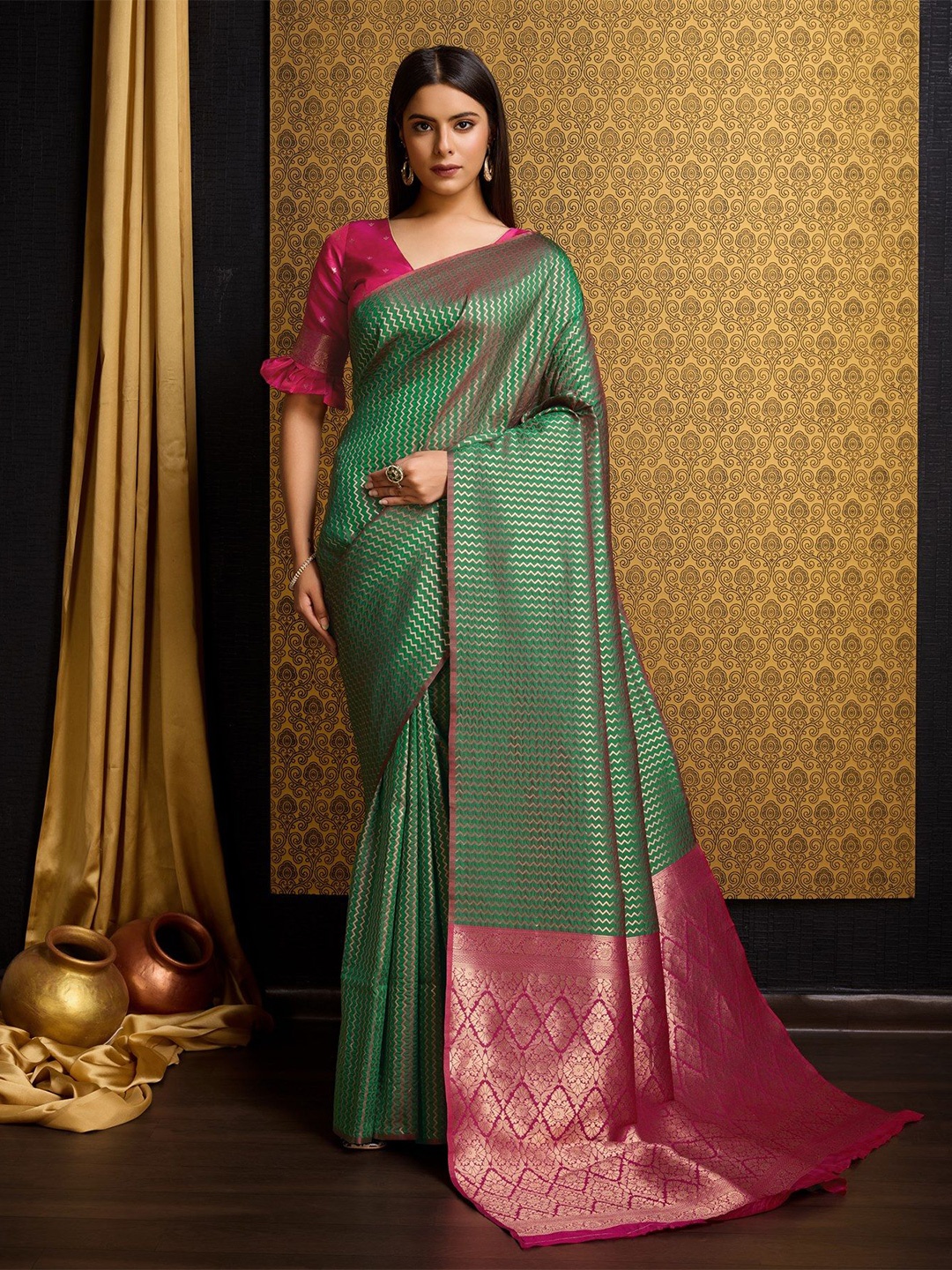 

Panchaamrit Woven Design Zari Silk Blend Banarasi Saree, Green