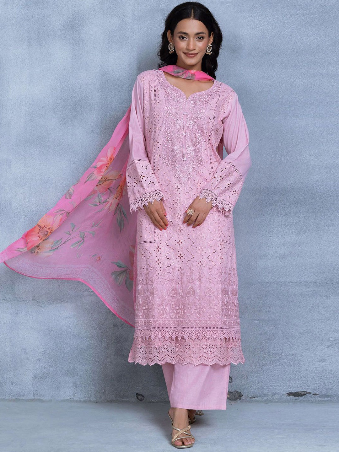 

Rang by Indya Floral Self Design Pure Cotton Straight Kurta With Trousers & Dupatta, Pink