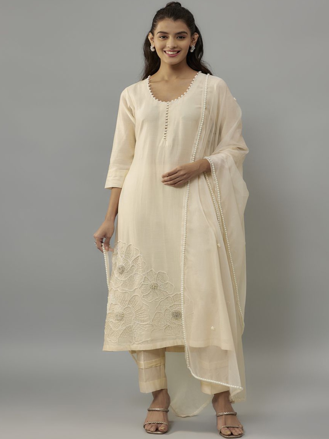 

The Aarya Floral Embroidered Zardozi Straight Kurta With Trousers & Dupatta, Beige