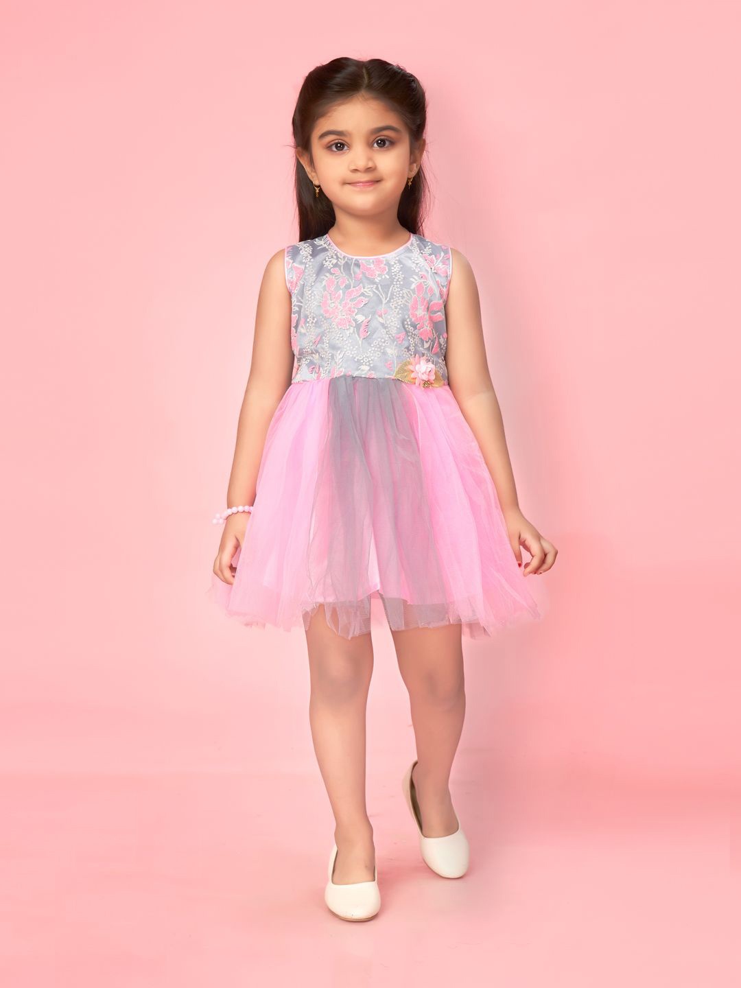 

BAESD Girls Self Design Net Fit & Flare Dress, Pink
