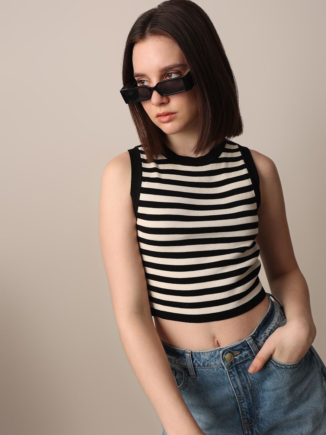 

ONLY Striped Crop Top, Black