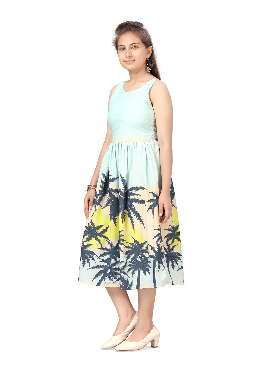 

BAESD Girls Tropical Printed Fit & Flare Midi Dress, Turquoise blue