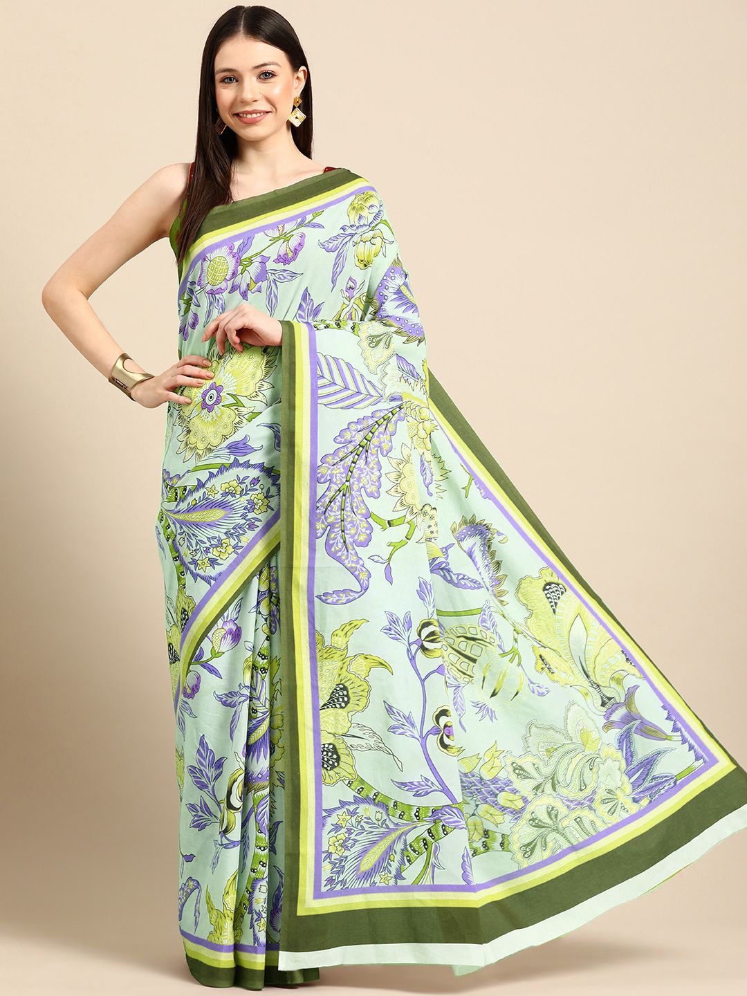 

BUTA BUTI Floral Pure Cotton Saree, Lime green
