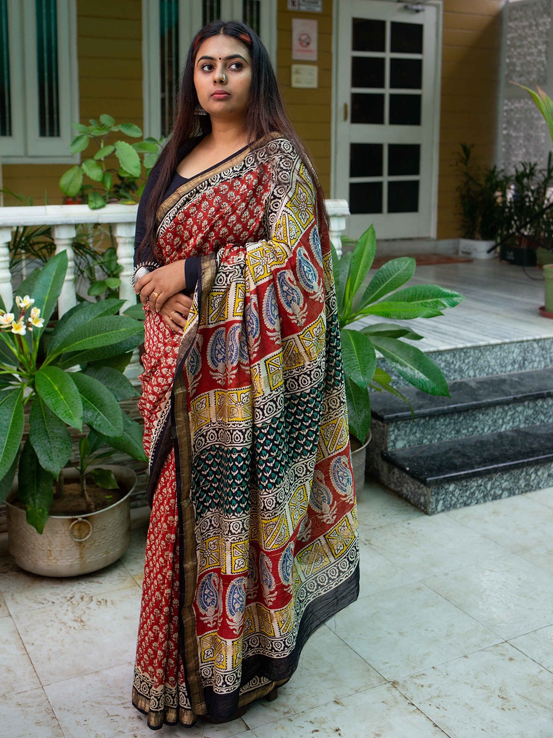 

Moora Ethnic Motifs Zari Pure Cotton Bagru Saree, Red