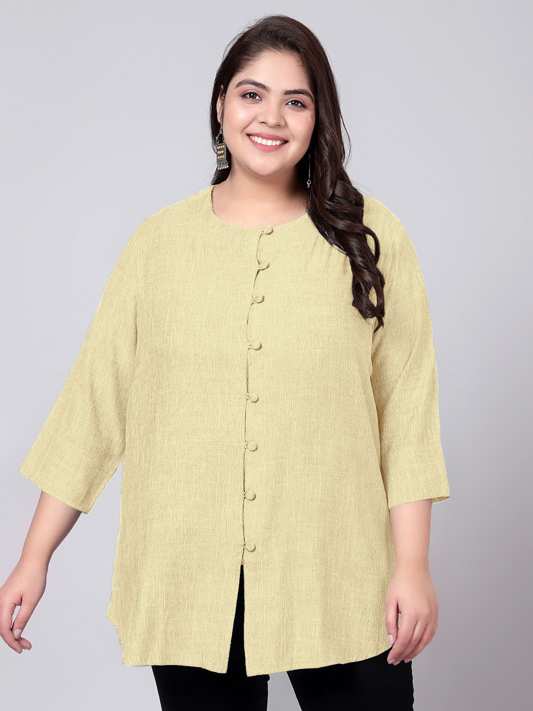 

Indietoga Women Plus Size Solid Round Neck Cotton Top, Yellow