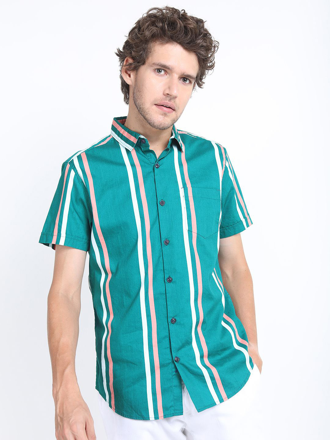 

HIGHLANDER Men Slim Fit Multi Stripes Opaque Striped Casual Shirt, Teal