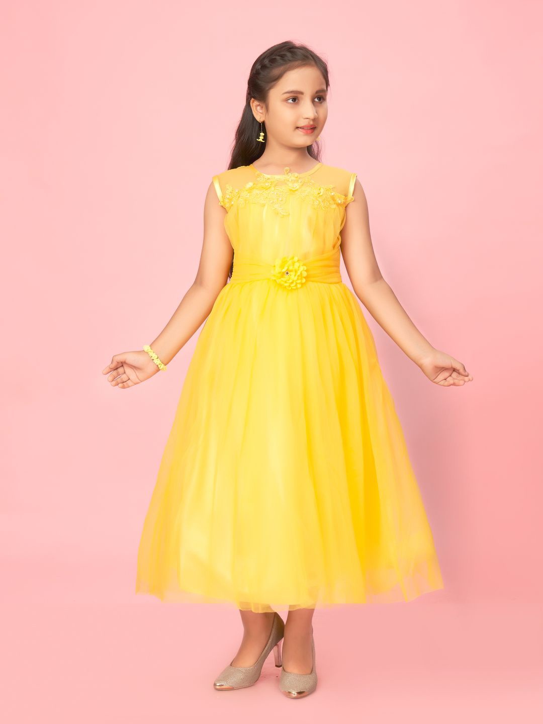 

BAESD Girls Embroidered Net Fit & Flare Maxi Dress, Yellow