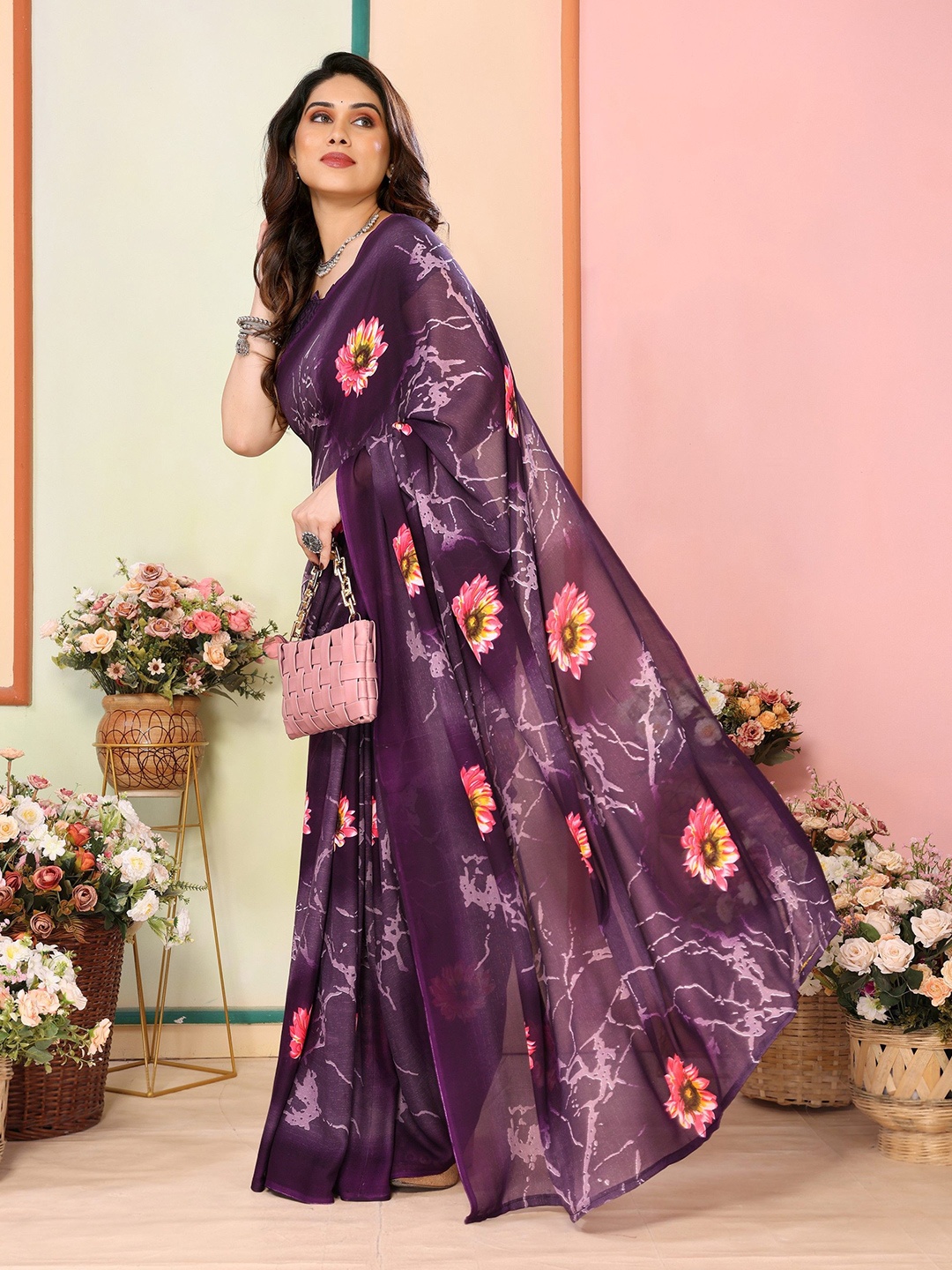 

Ambuja International Floral Poly Georgette Saree, Purple