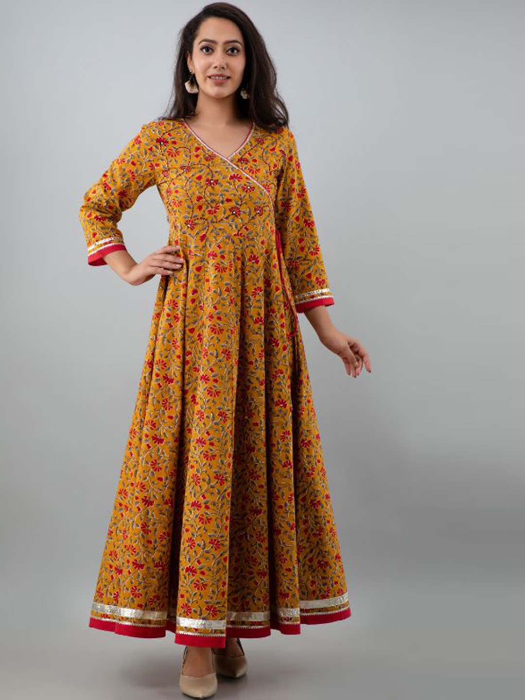 

KALINI Floral Printed V-Neck Cotton Fit and Flare Maxi Ethnic Dress, Mustard