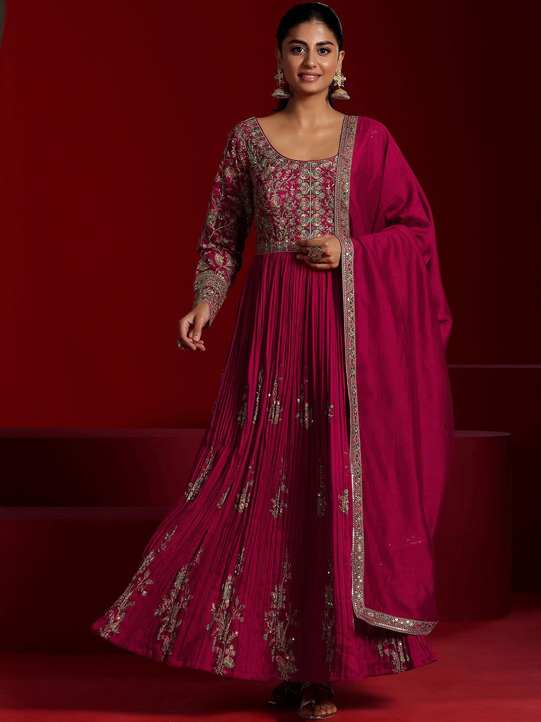 

Libas Art Floral Embroidered Sequinned Pleated Kurta with Trousers & Dupatta, Pink