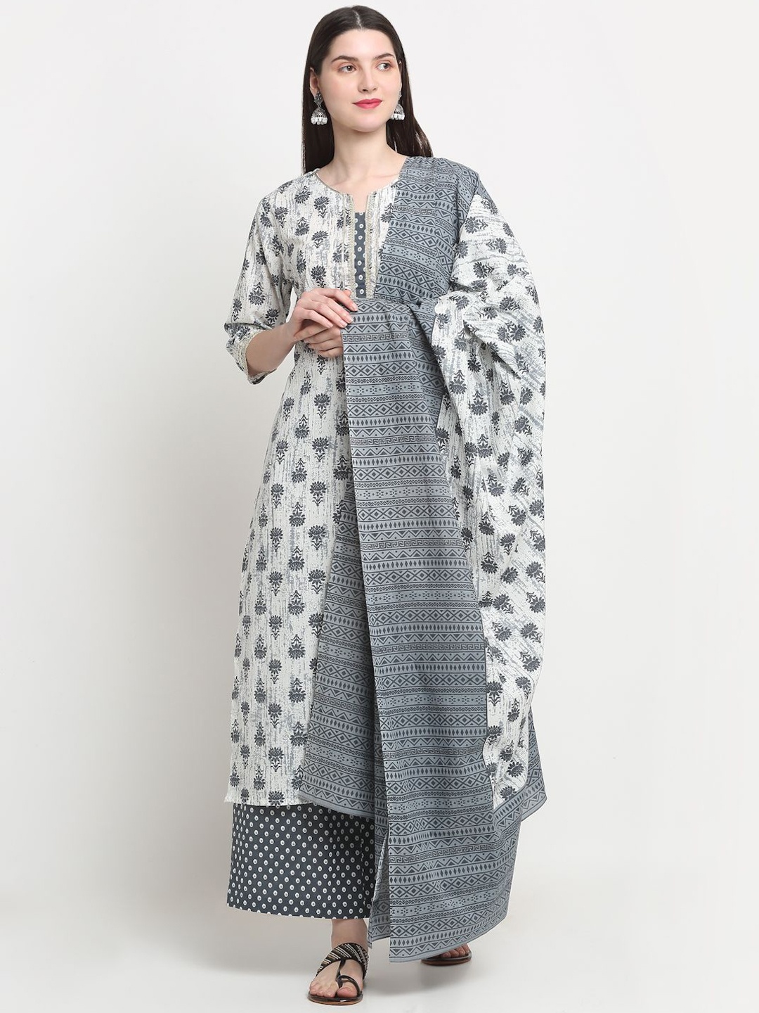 

KALINI Floral Printed Notched Neck Pure Cotton Straight Kurta With Palazzos & Dupatta, Grey