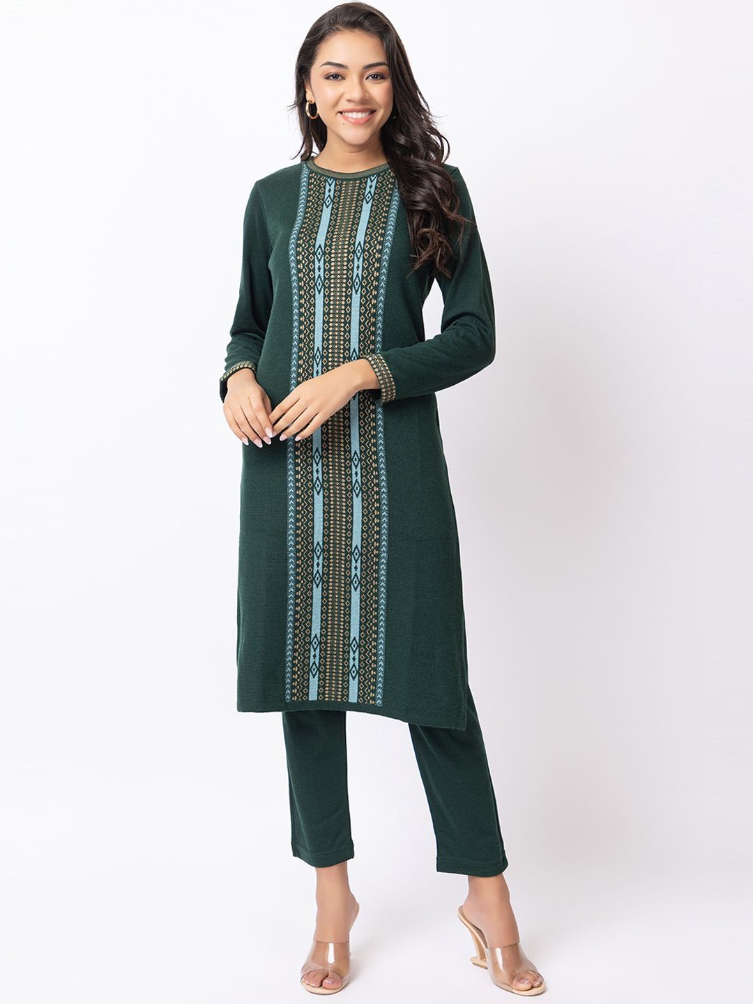 

Anouk Women Geometric Striped Keyhole Neck Flared Sleeves Thread Work Jacquard Winter Wear Kurta, Green