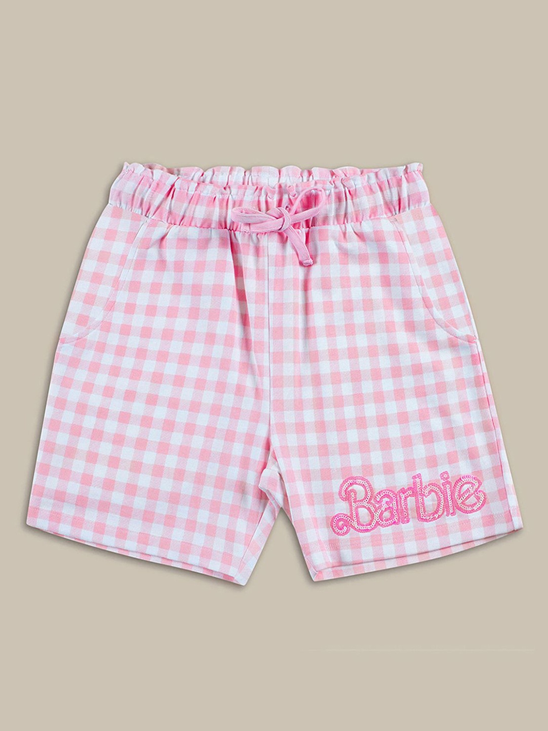 

Kids Ville Girls Checked Barbie Mid-Rise Shorts, Pink