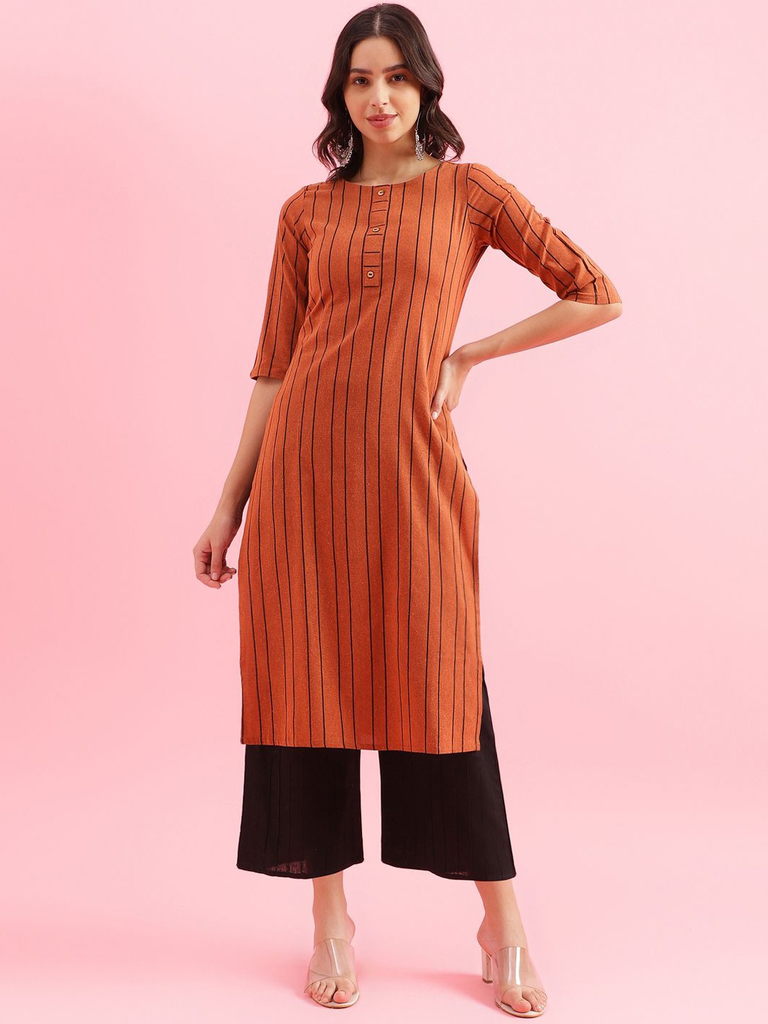 

KALINI Striped Round Neck Straight Kurta, Rust