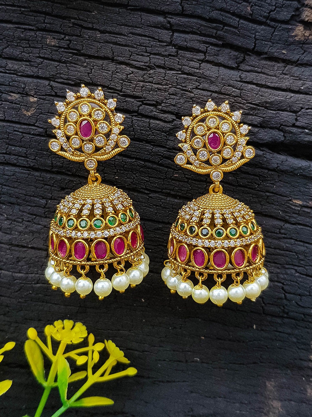 

GRIIHAM Gold Plated Cubic Zirconia Dome Shaped Jhumkas