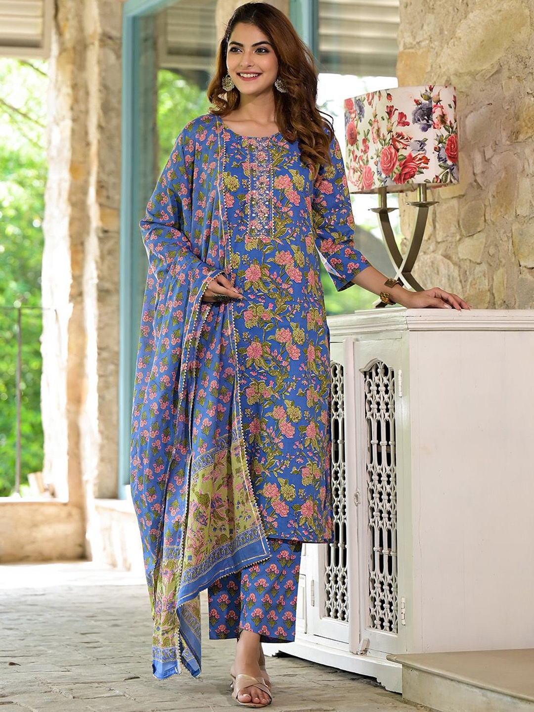 

KALINI Floral Printed Gotta Patti Pure Cotton Kurta with Trousers & Dupatta, Blue