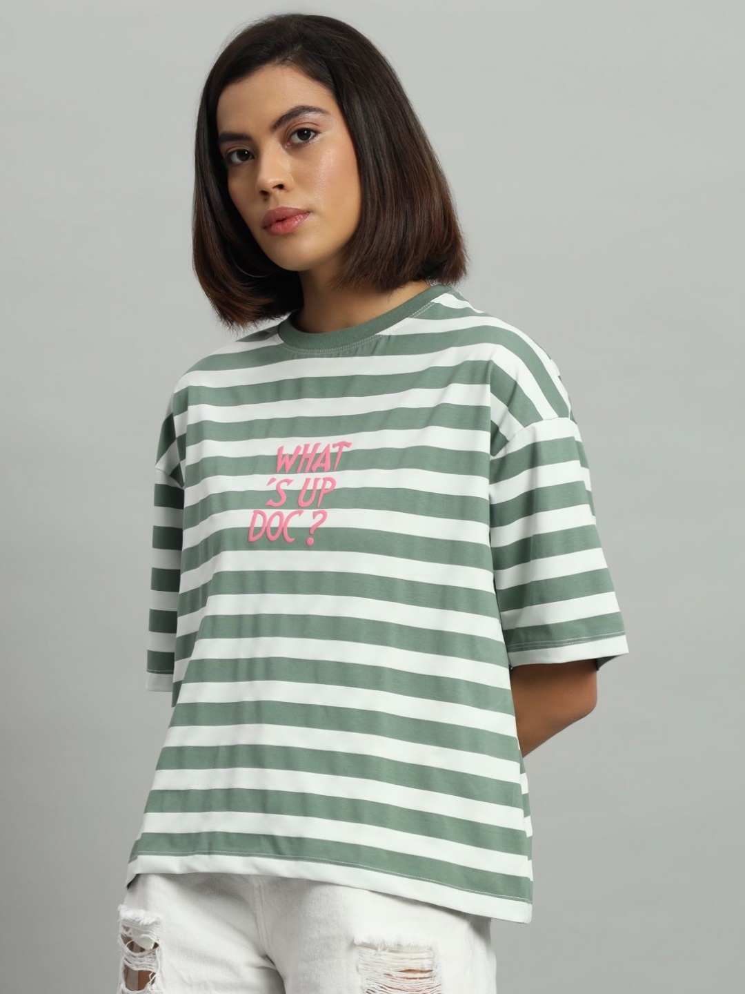 

AECK Women Striped Round Neck Cotton Oversized T-Shirt, White