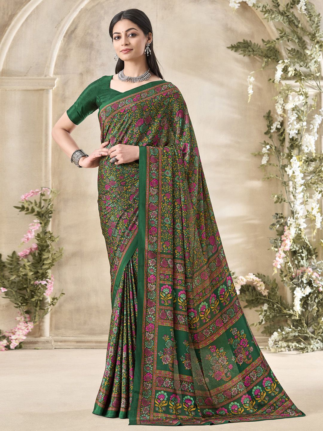 

Mitera Floral Poly Crepe Bagru Saree, Green