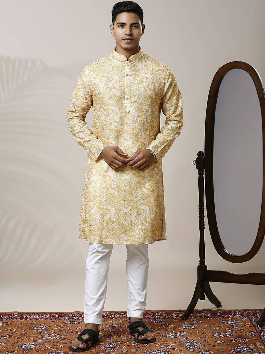 

Be Desi Abstract Printed Gotta Patti Mandarin Collar Straight Kurta with Pyjamas, Yellow