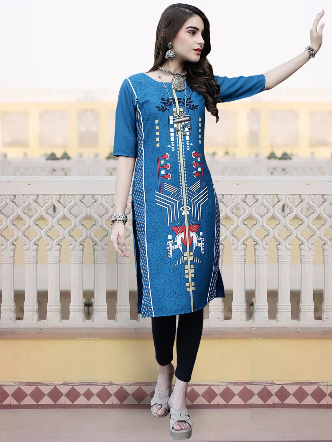 

KALINI Floral Printed Round Neck Crepe Straight Kurta, Blue