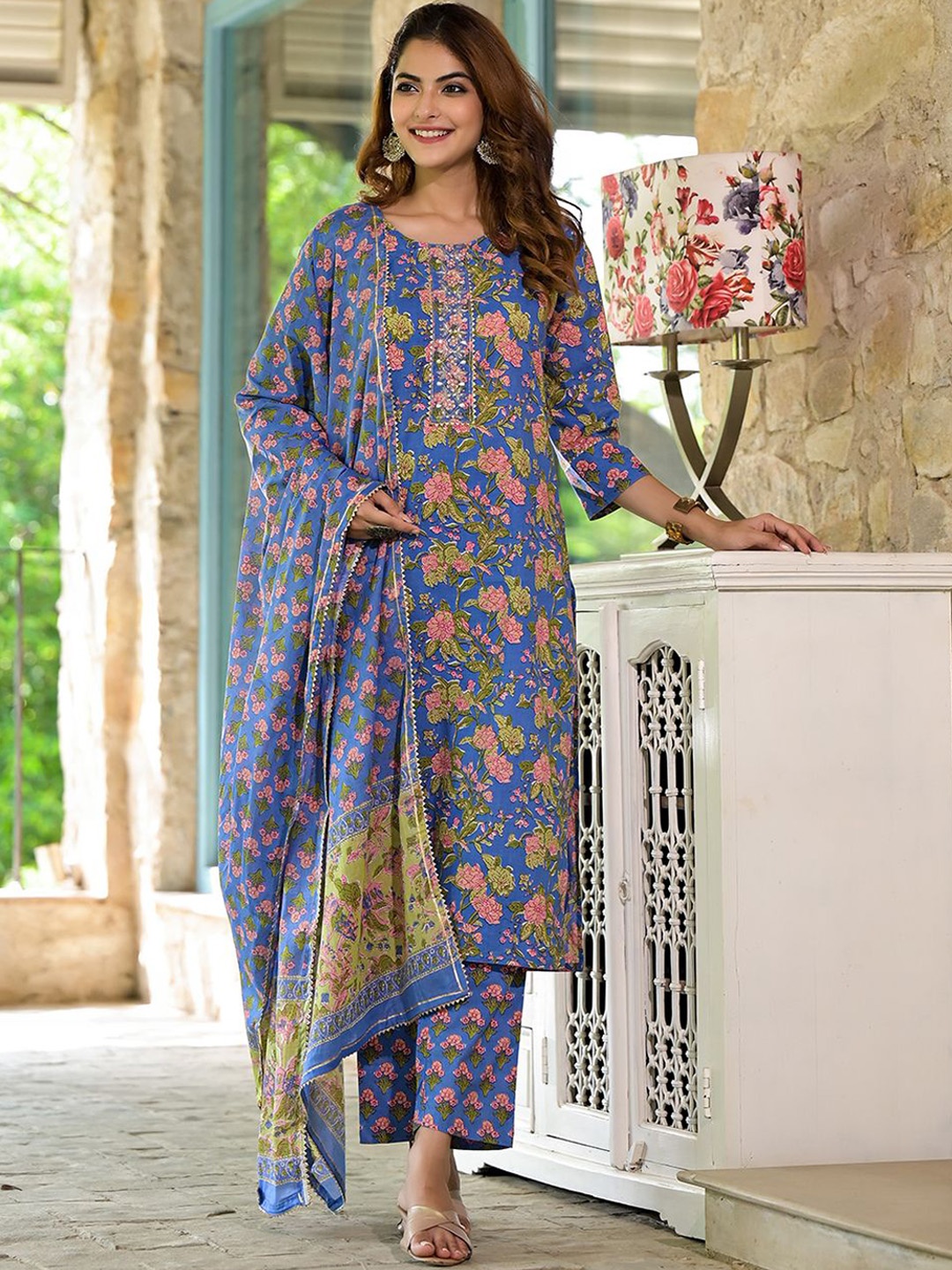 

KALINI Floral Printed Gotta Patti Pure Cotton Straight Kurta With Trousers & With Dupatta, Blue