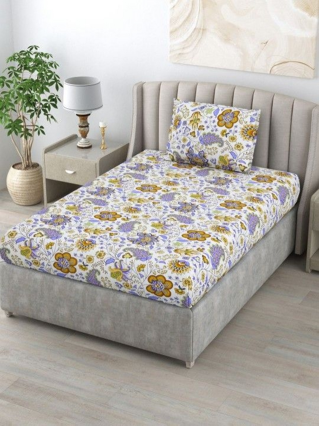 

BOMBAY DYEING Cardinal Yellow & White Floral 120 TC Pure Cotton Single Bedsheet Set