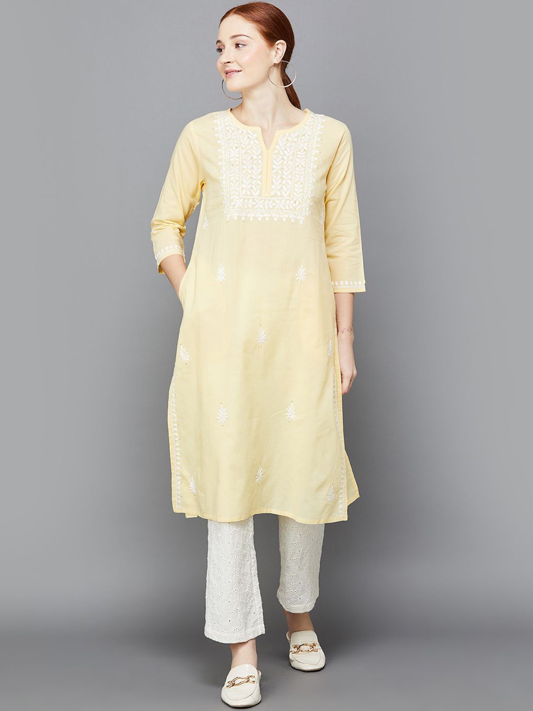 

Melange by Lifestyle Embroidered Thread Work Notch Neck Cotton Straight Kurta, Yellow