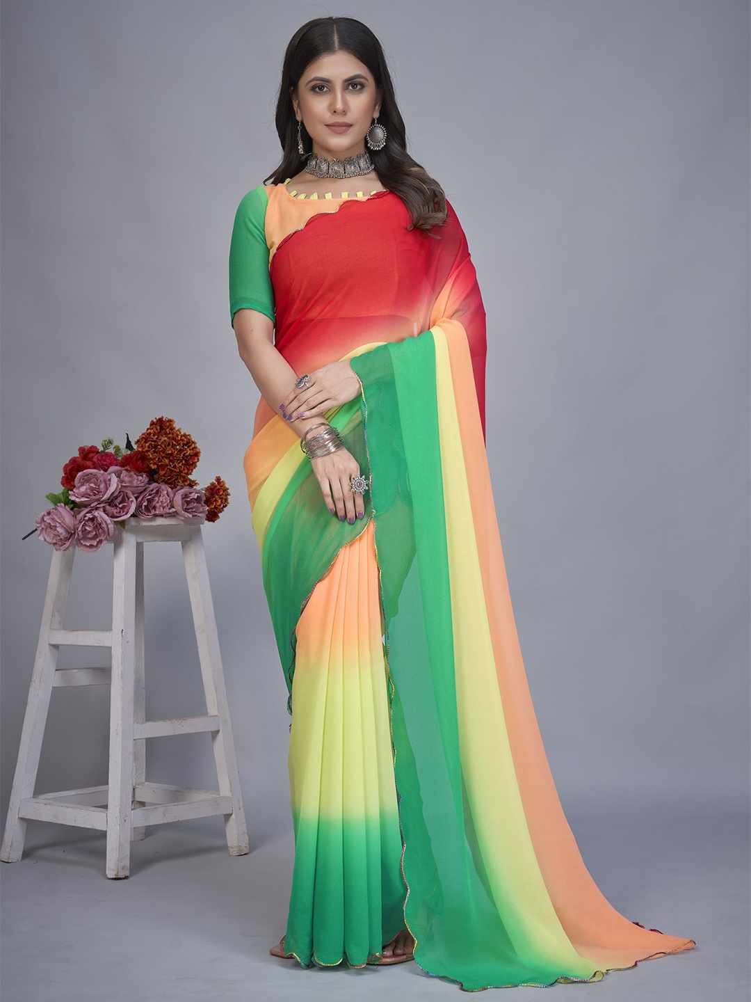 

APNISHA Ombre Embroidered Pure Georgette Half and Half Saree, Green