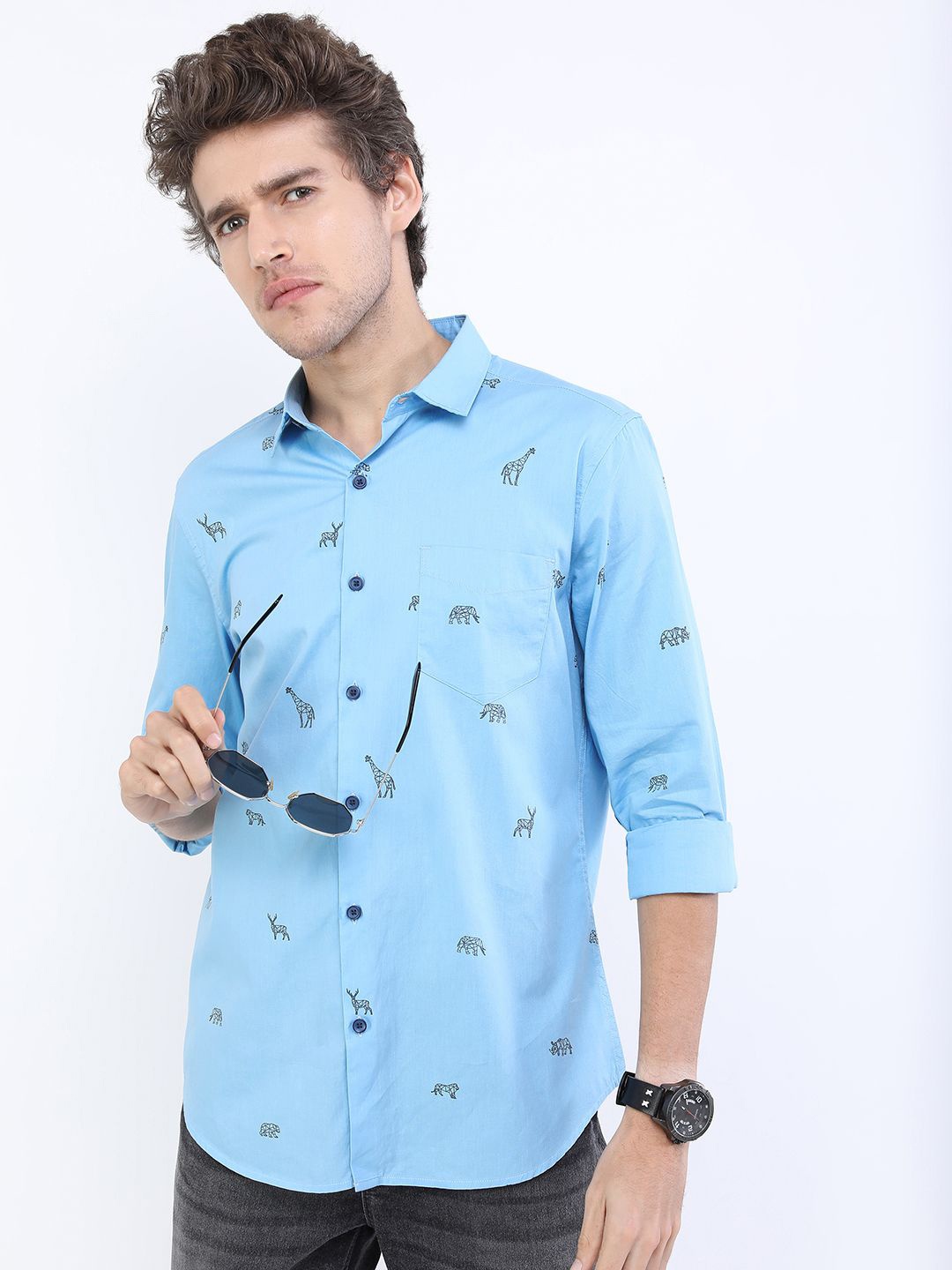 

HIGHLANDER Men Slim Fit Opaque Printed Casual Shirt, Blue