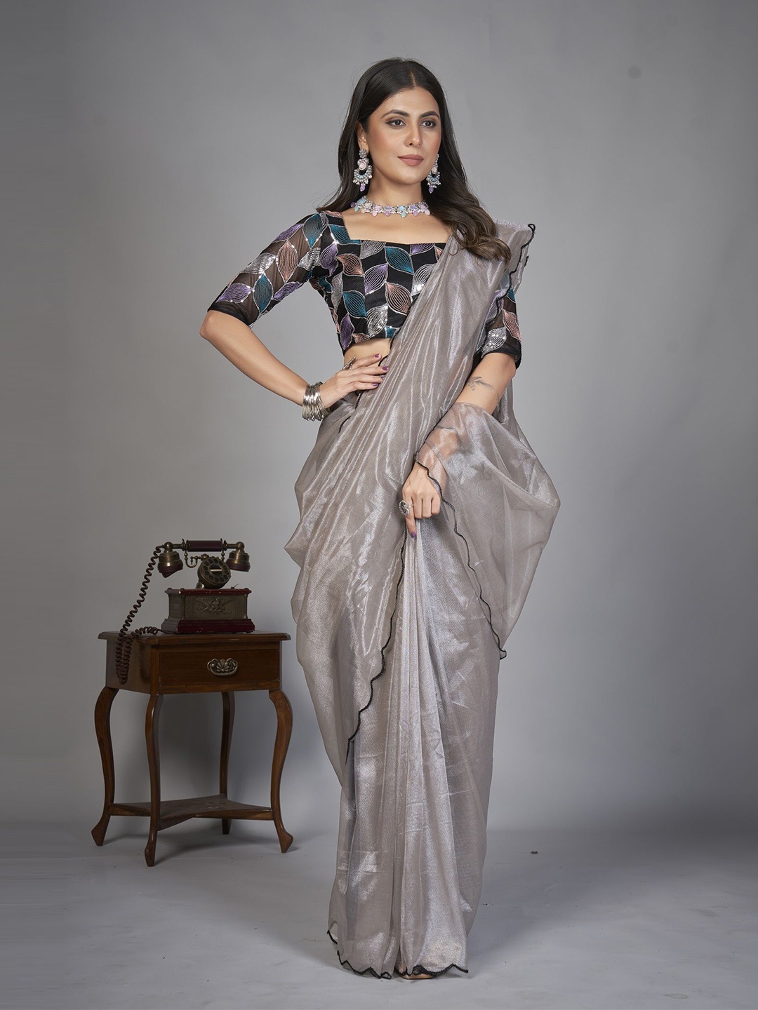 

JULEE Organza Saree, Grey