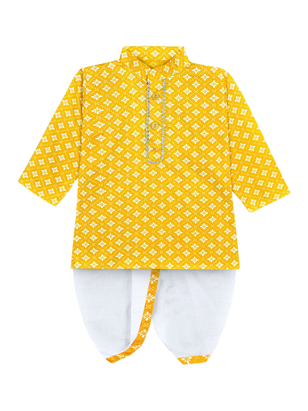 

BAESD Boys Floral Printed Mandarin Collar Straight Kurta With Dhoti Pants, Yellow