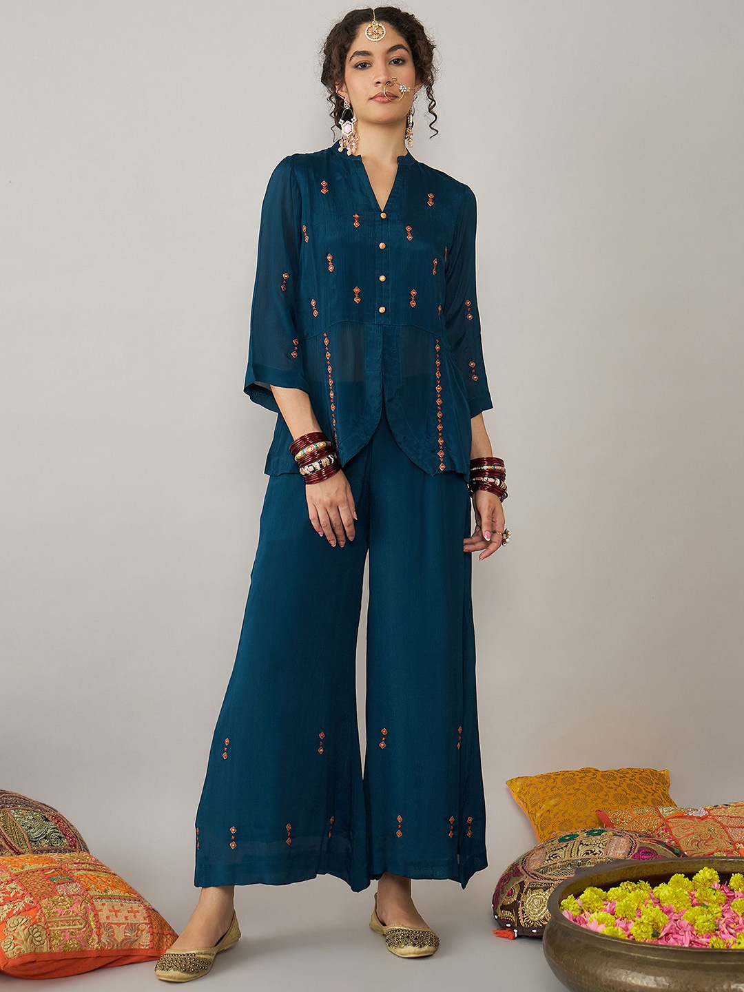 

STADO Embroidered Top With Palazzos, Blue