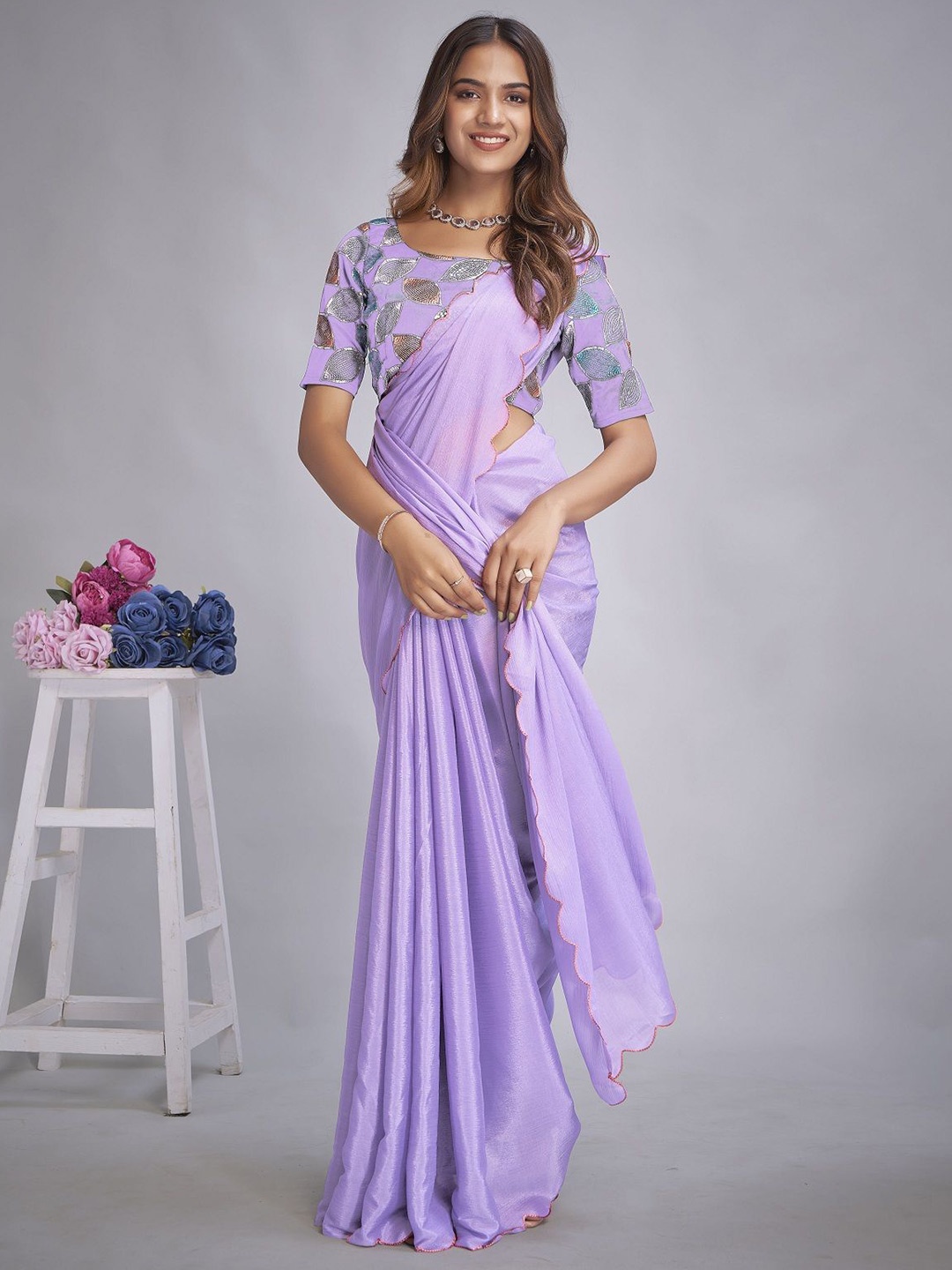 

JULEE Embroidered Pure Chiffon Saree, Lavender