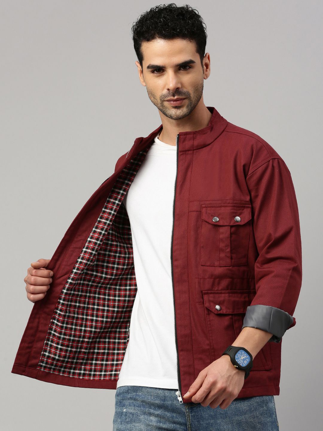 

VOXATI Men Checked Tailored Jacket with Patchwork, Maroon