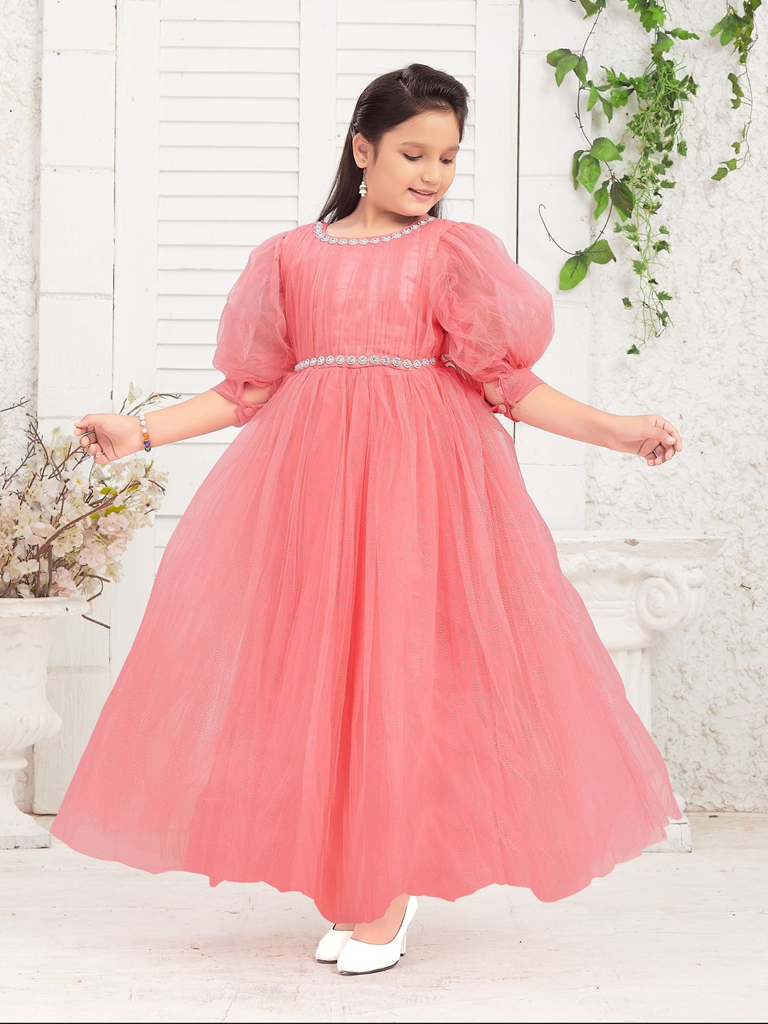 

BAESD Girls Puff Sleeve Net Gown, Pink